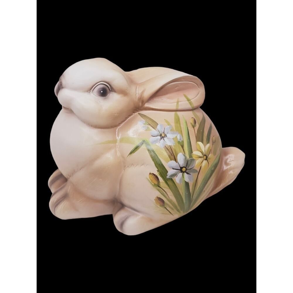 Vintage Happy Floral Ceramic Bunny Rabbit Hand Painted Flowers 6" X 4.5"